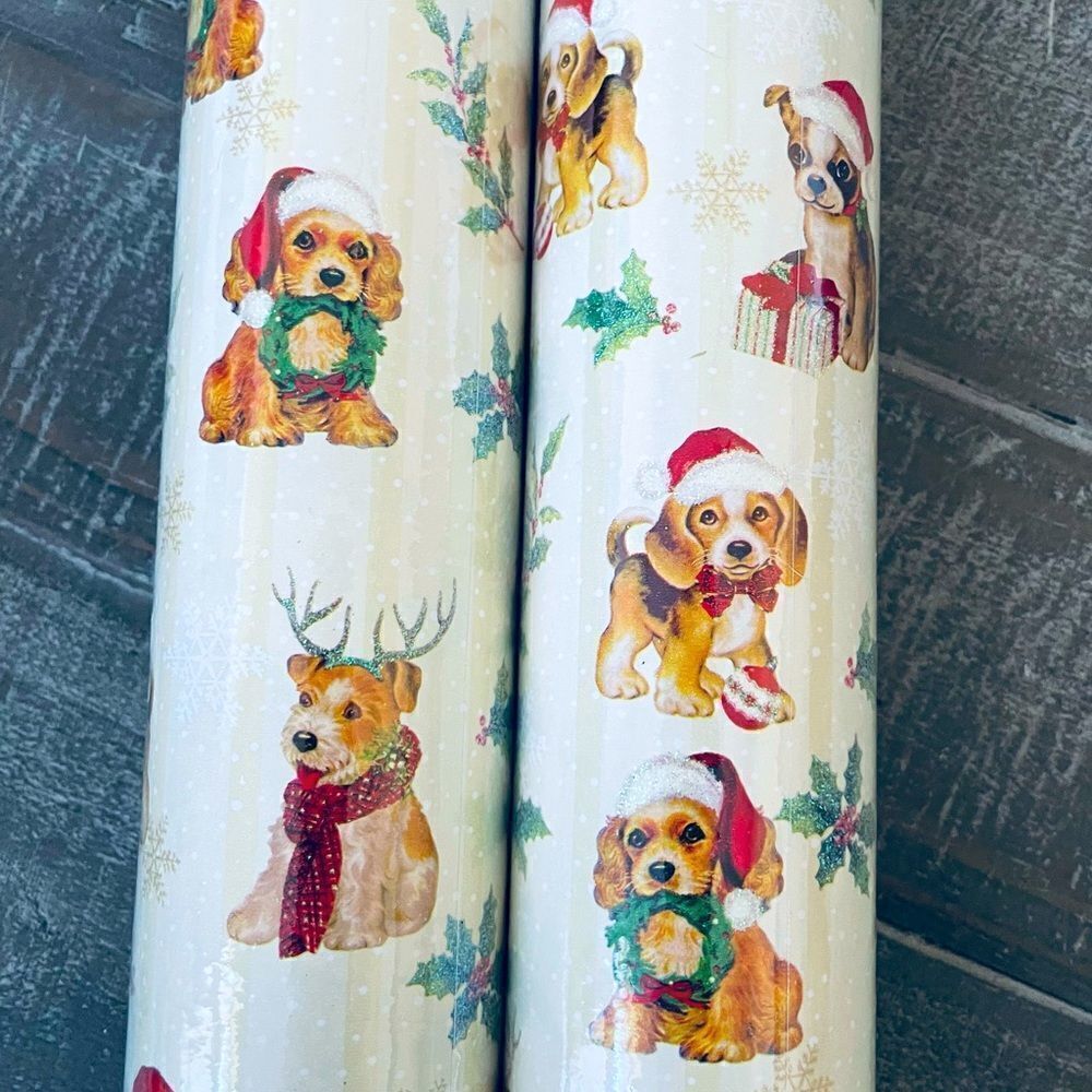 Vintage Christmas Puppy Dogs Print Nostalgic Wrapping Paper Roll Gift Wrap